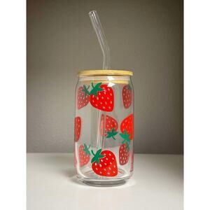 Strawberry Glass Can with Bamboo Lid and Glass Straw 16oz